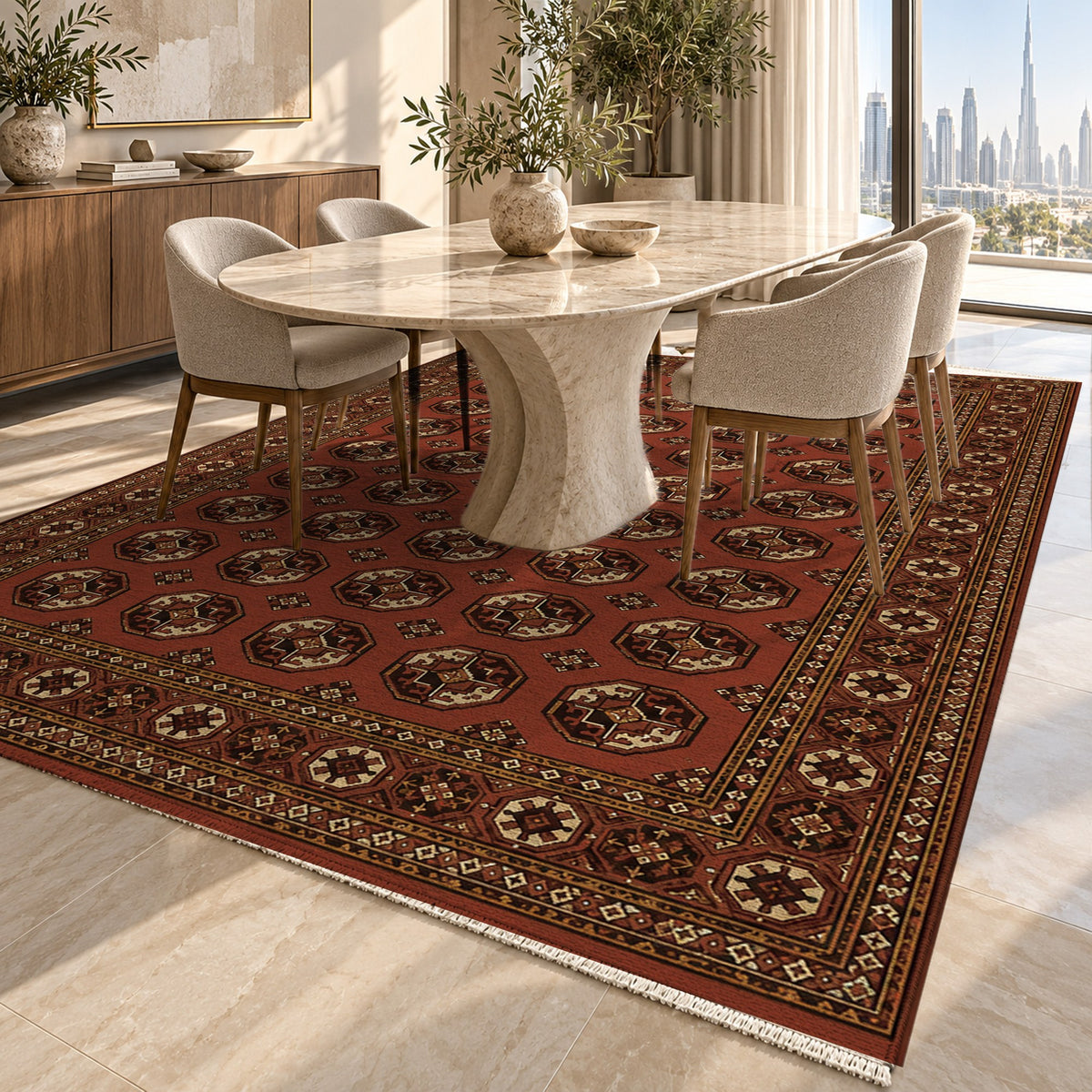 Afghan Red Gul Mahogany Ethnic Washable Rug — dubai dining