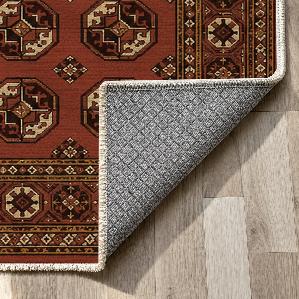 Afghan Red Gul Mahogany Ethnic Washable Rug — backing close up