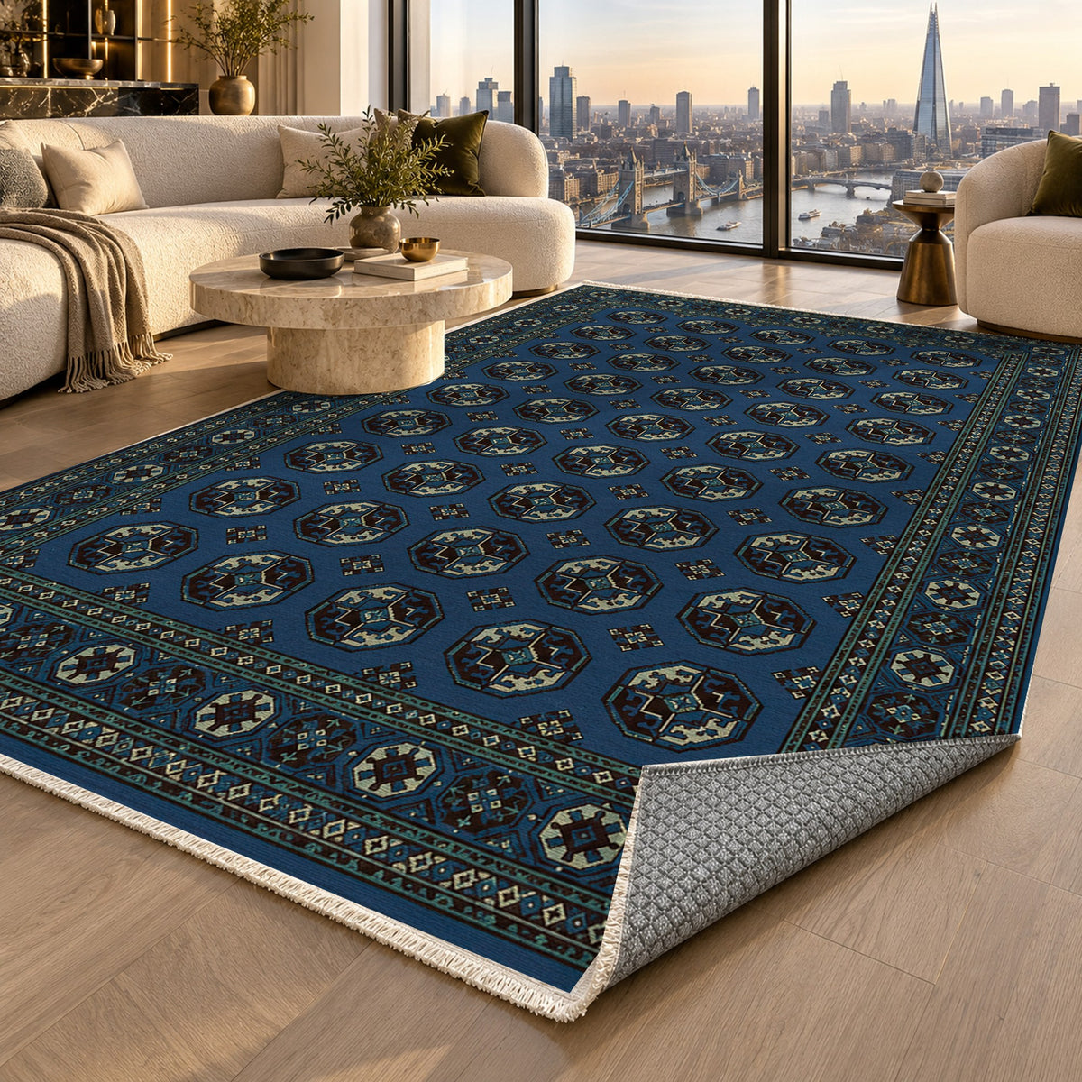 Afghan Red Gul Navy Cream Ethnic Washable Rug — london luxury living