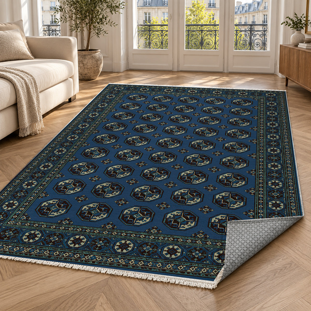 Afghan Red Gul Navy Cream Ethnic Washable Rug — paris living