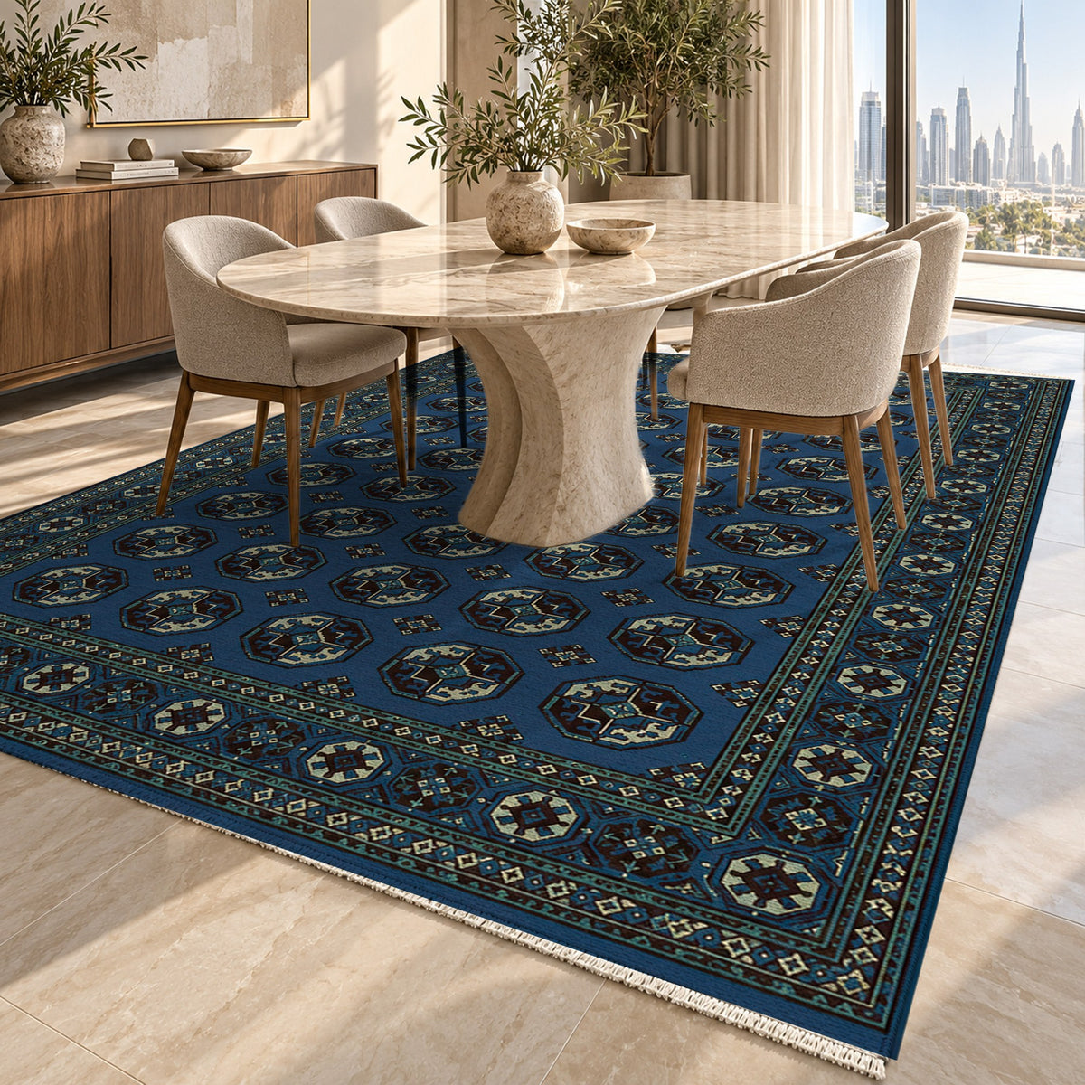 Afghan Red Gul Navy Cream Ethnic Washable Rug — dubai dining