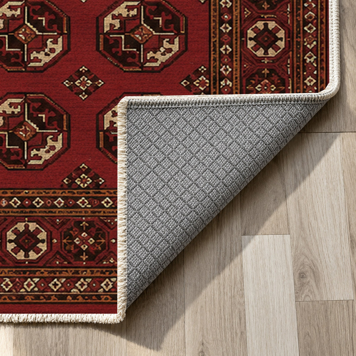 Afghan Red Gul Oxblood Ivory Ethnic Washable Rug — backing close up