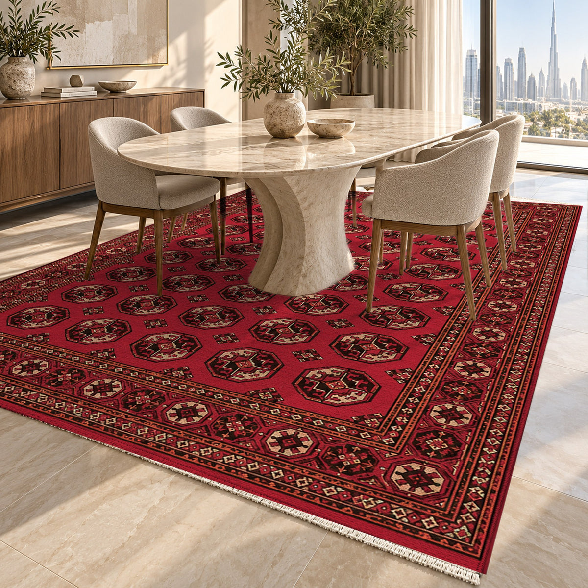 Afghan Red Gul Pomegranate Ethnic Washable Rug — dubai dining