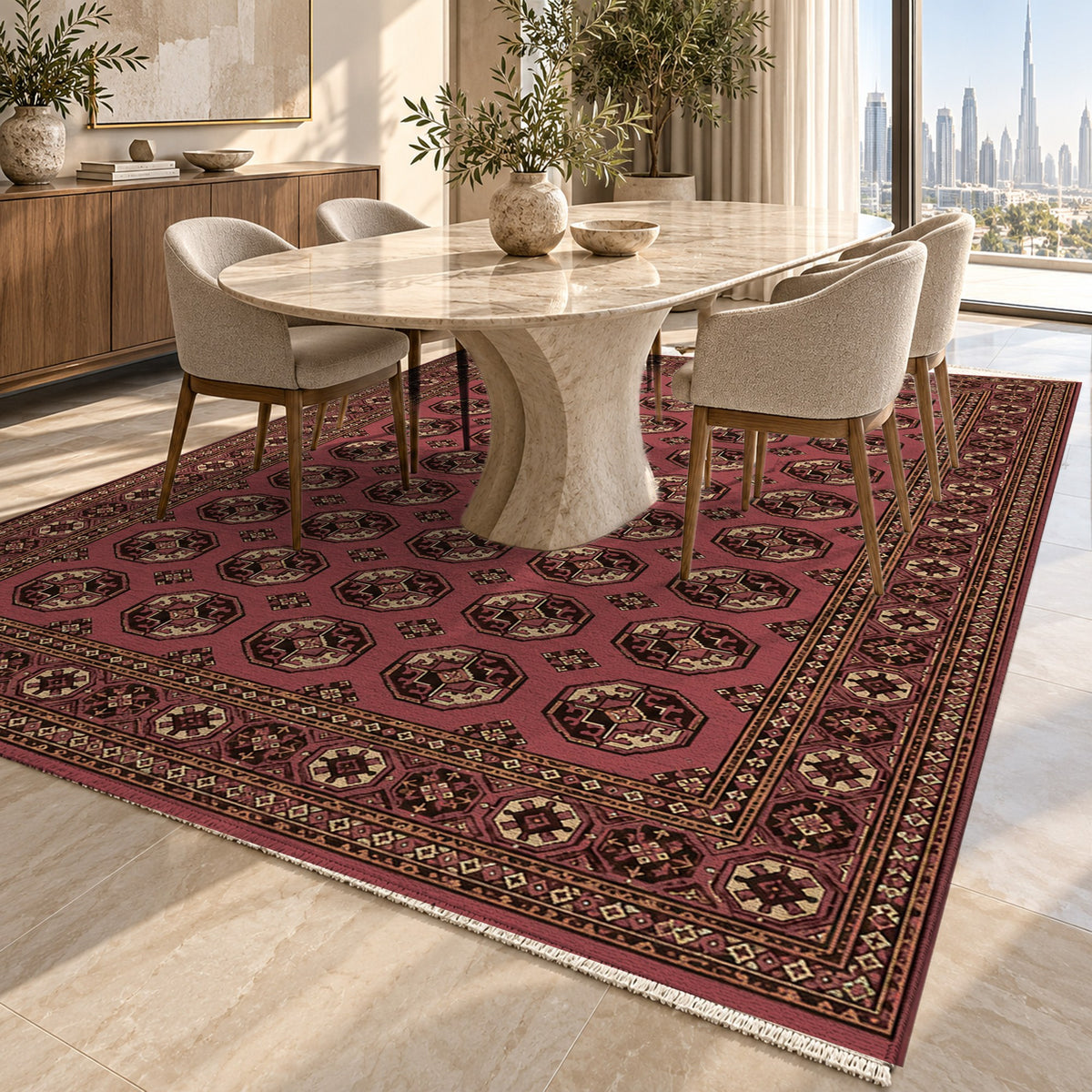 Afghan Red Gul Rosewood Ethnic Washable Rug — dubai dining