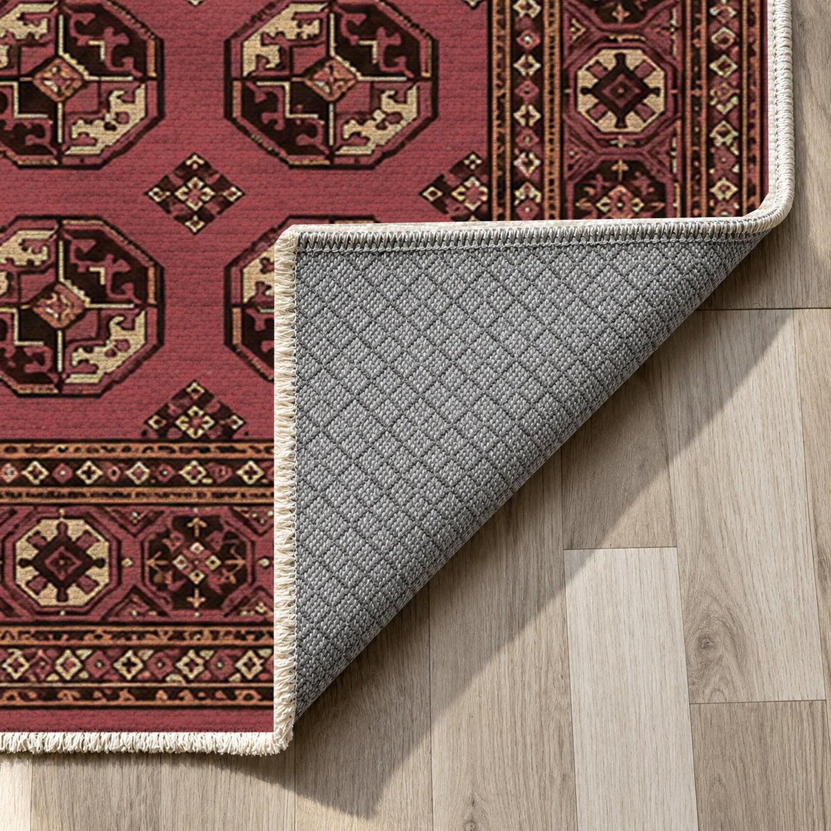 Afghan Red Gul Rosewood Ethnic Washable Rug — backing close up