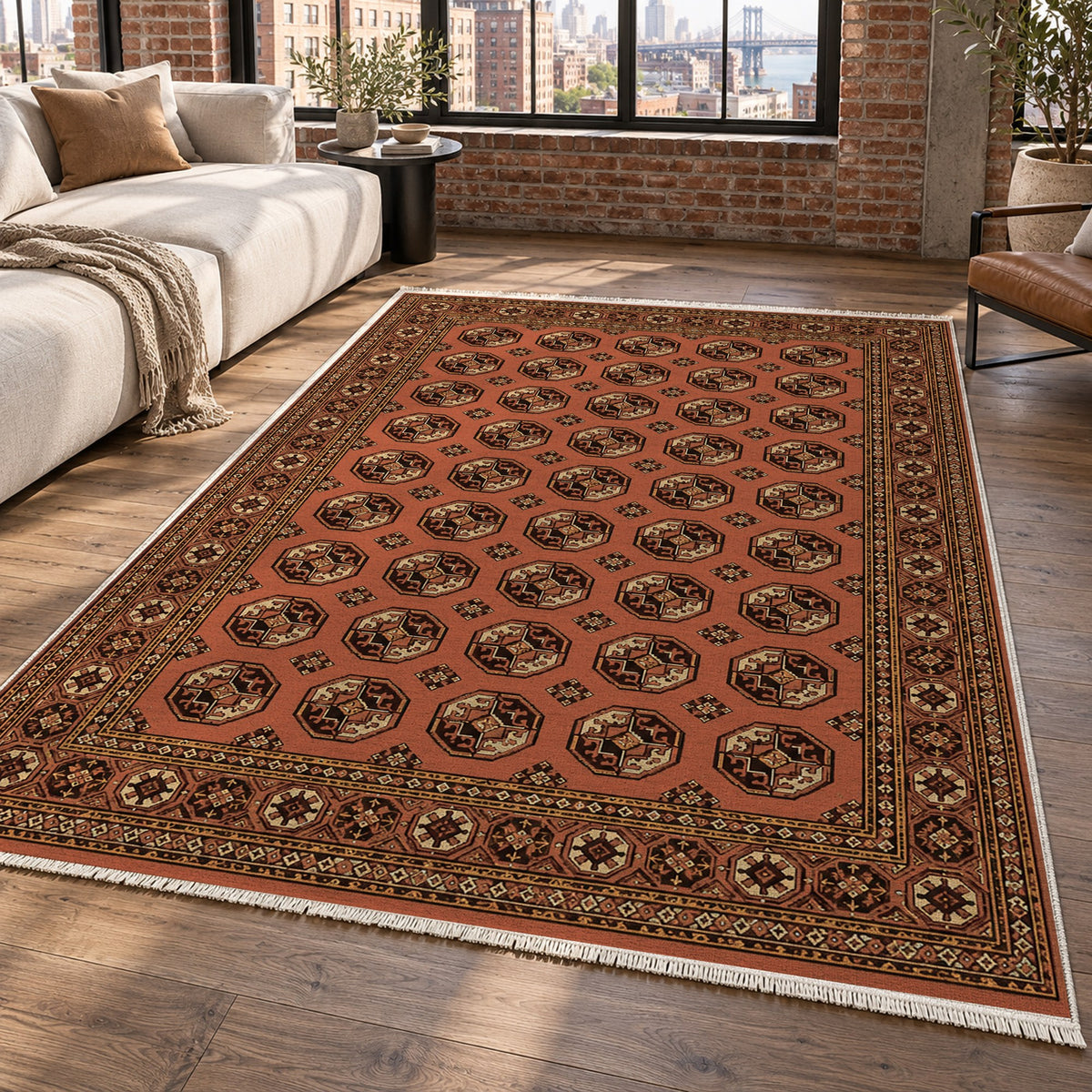 Afghan Red Gul Terracotta Cream Ethnic Washable Rug — new york living