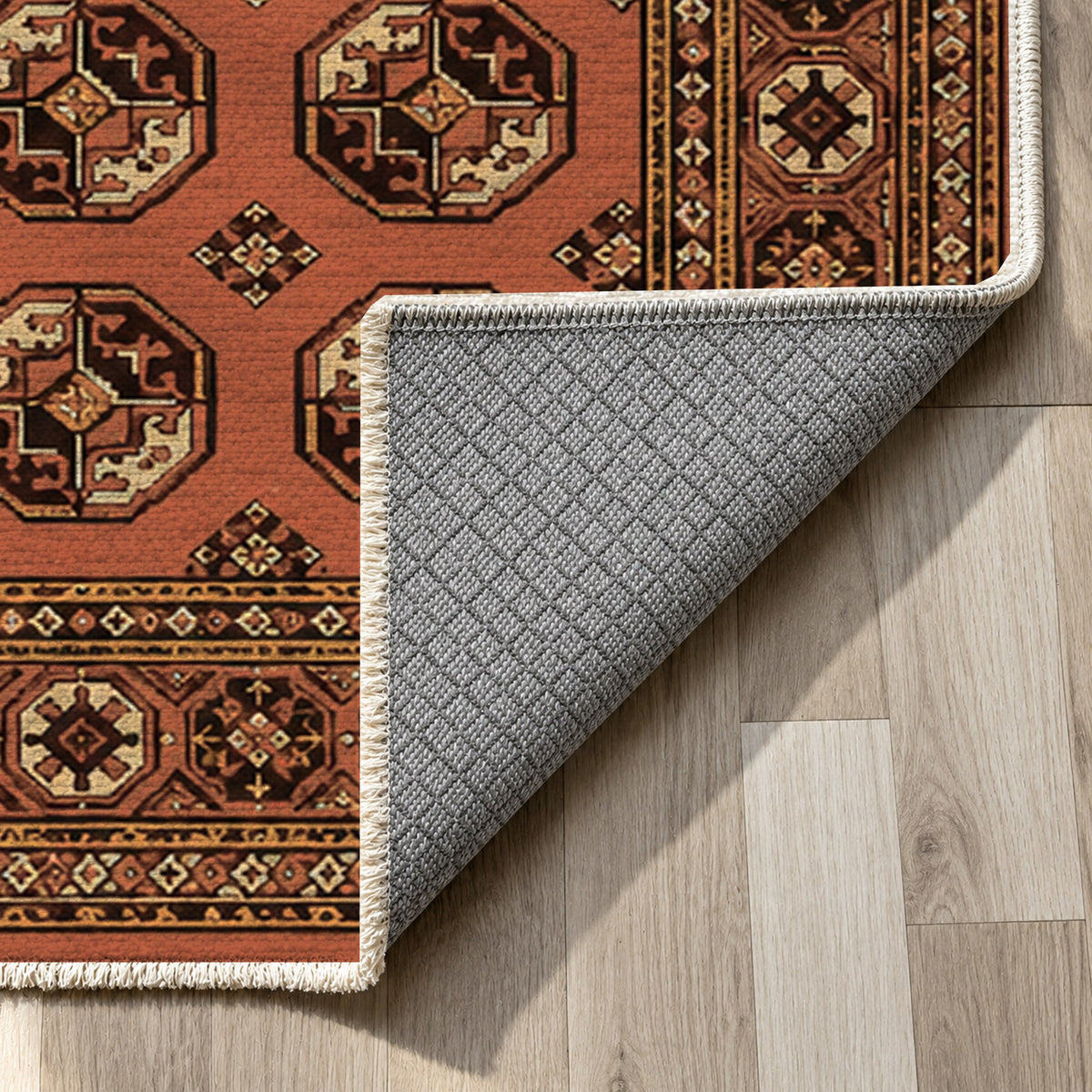Afghan Red Gul Terracotta Cream Ethnic Washable Rug — backing close up