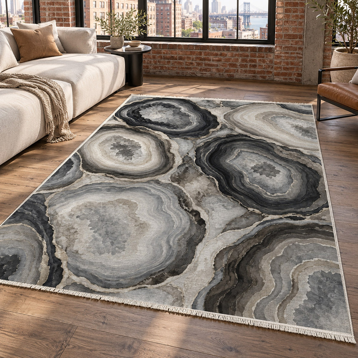 Agate Windows Charcoal Abstract Washable Rug — new york living