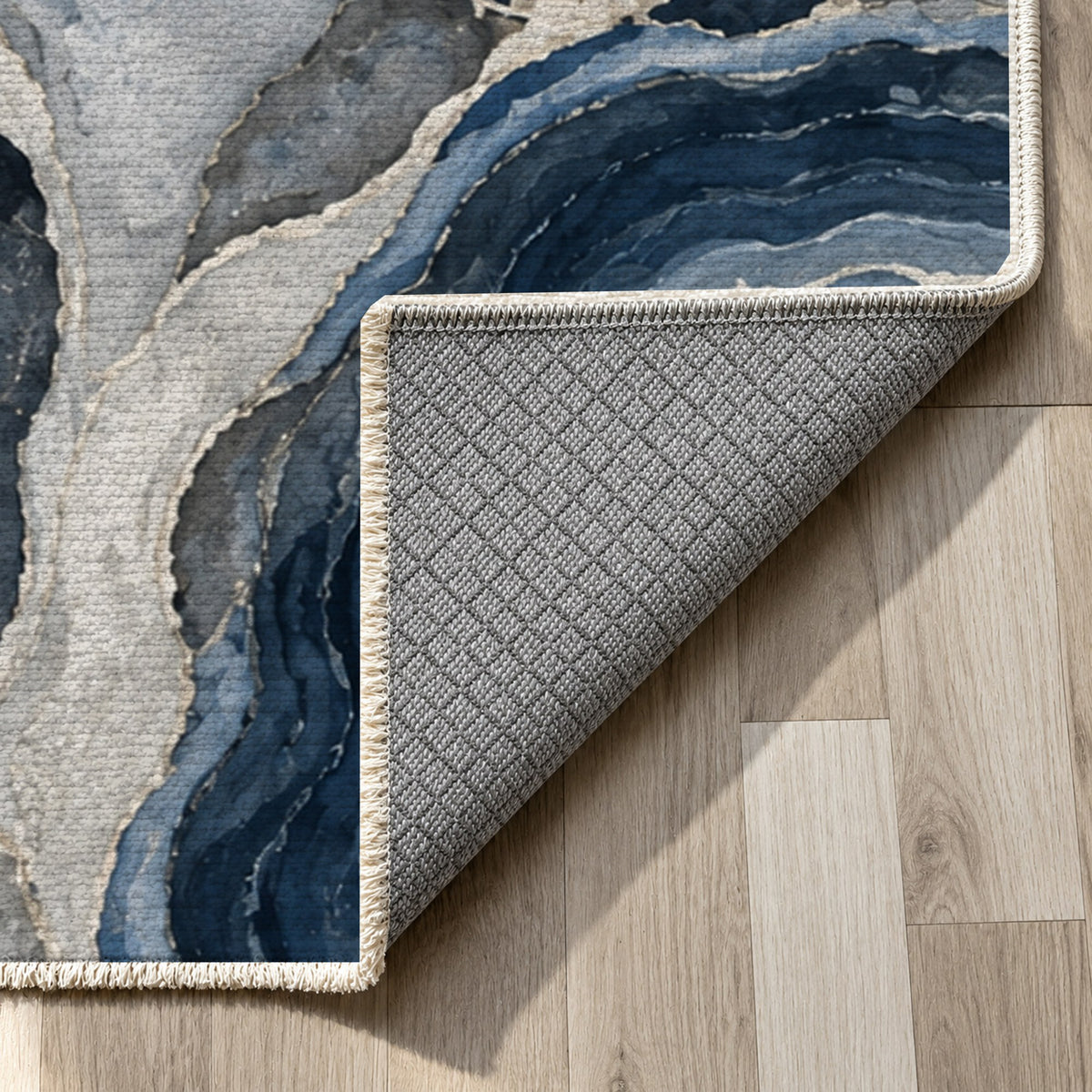 Agate Windows Indigo Abstract Washable Rug — backing close up