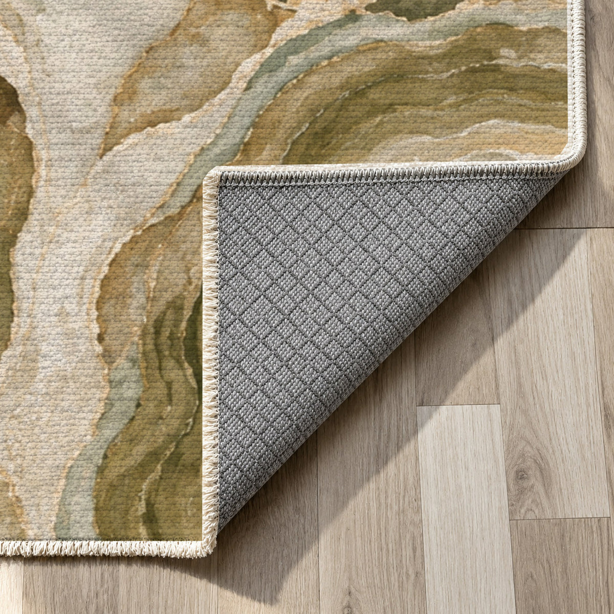 Agate Windows Sage Abstract Washable Rug — backing close up