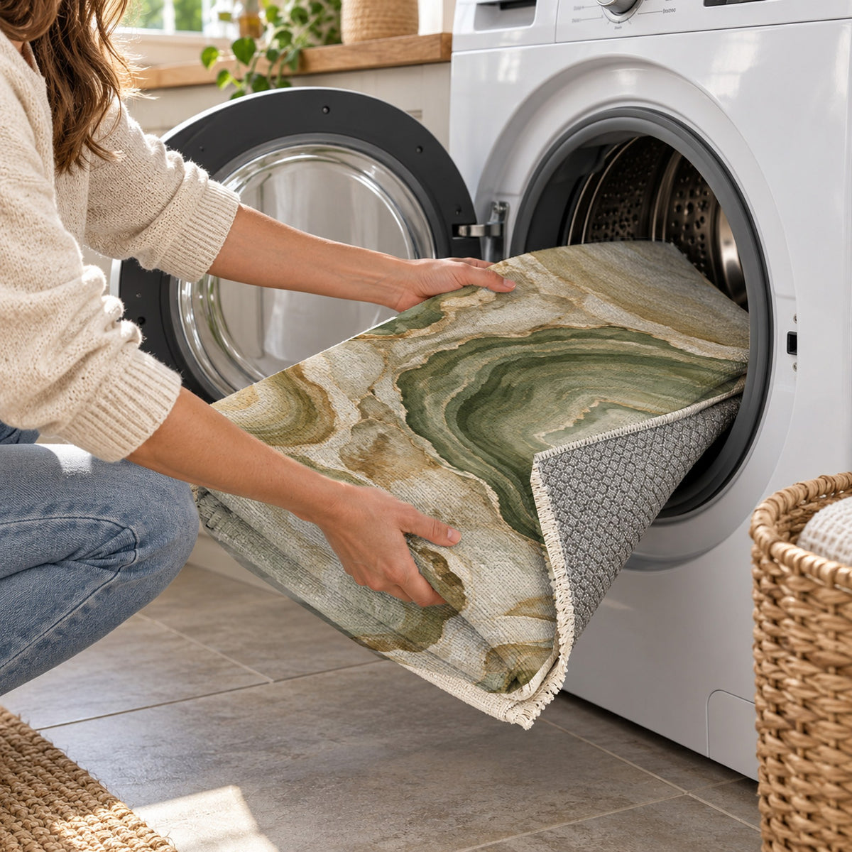 Agate Windows Sage Abstract Washable Rug — washing machine