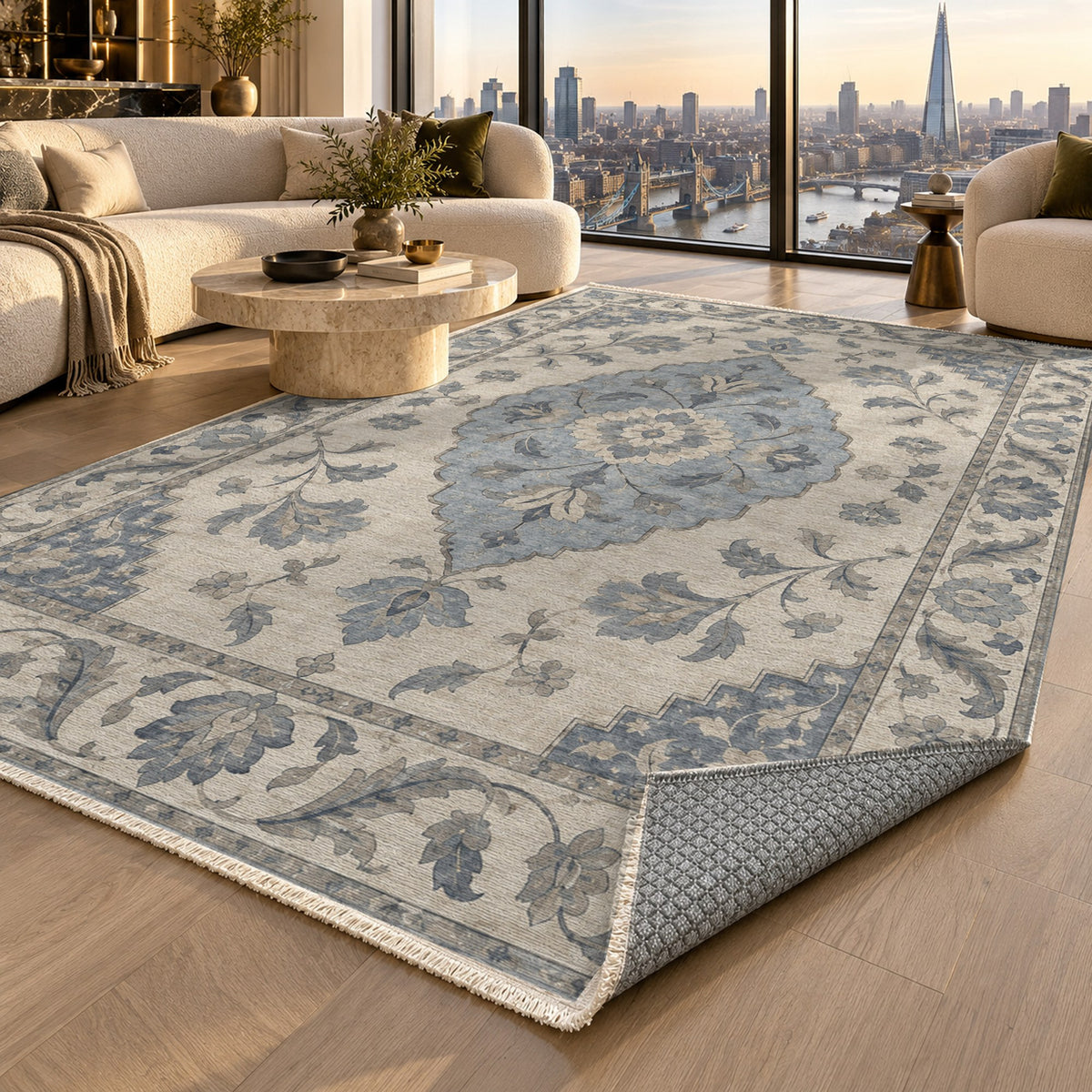 Amber Medallion Blue Ivory Classic Washable Rug — london luxury living