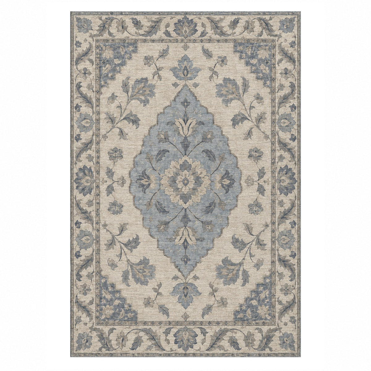 Amber Medallion Blue Ivory Classic Washable Rug — top view