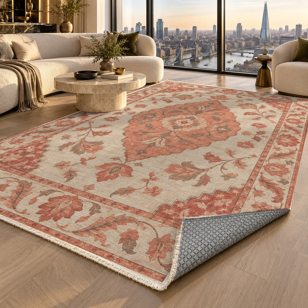 Amber Medallion Coral Sand Classic Washable Rug — london luxury living