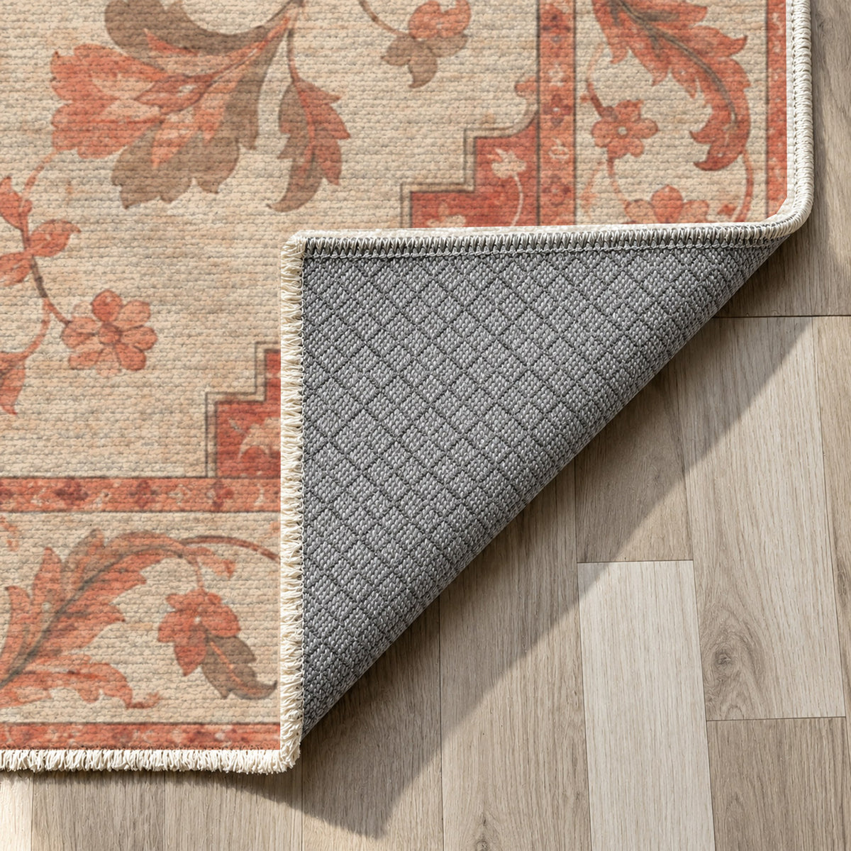 Amber Medallion Coral Sand Classic Washable Rug — backing close up
