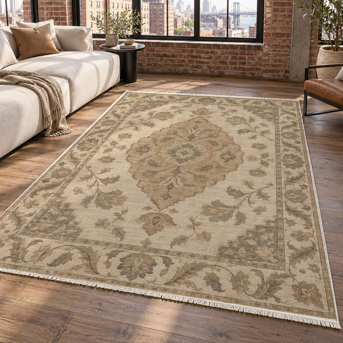 Amber Medallion Ivory Taupe Classic Washable Rug — new york living