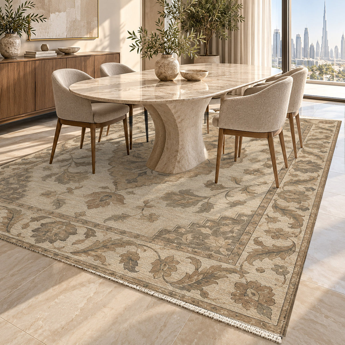Amber Medallion Ivory Taupe Classic Washable Rug — dubai dining