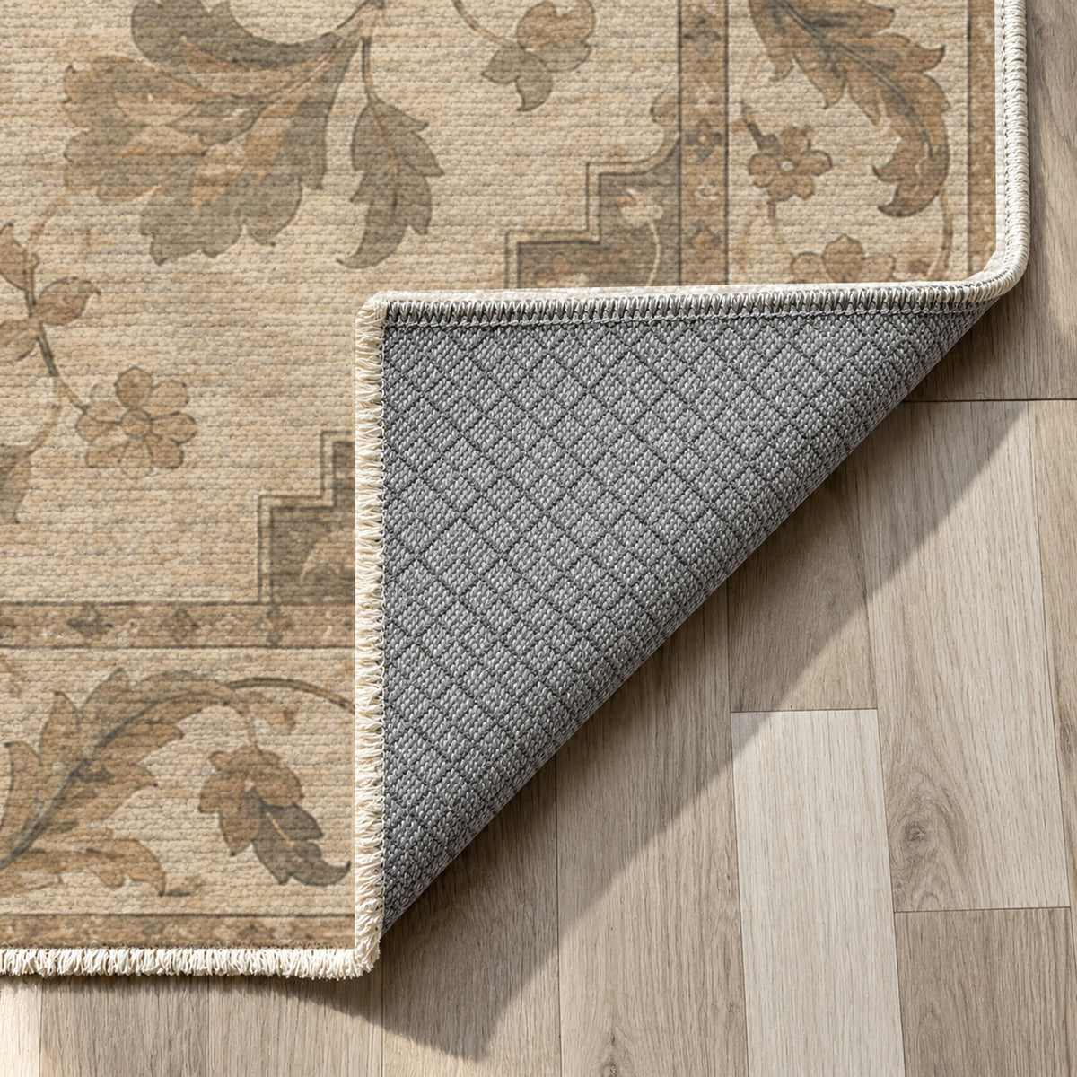 Amber Medallion Ivory Taupe Classic Washable Rug — backing close up