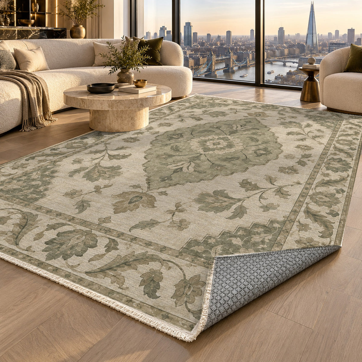 Amber Medallion Sage Cream Classic Washable Rug — london luxury living