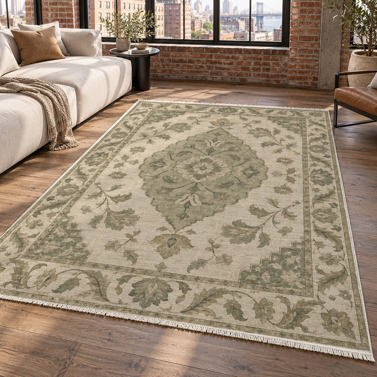 Amber Medallion Sage Cream Classic Washable Rug — new york living