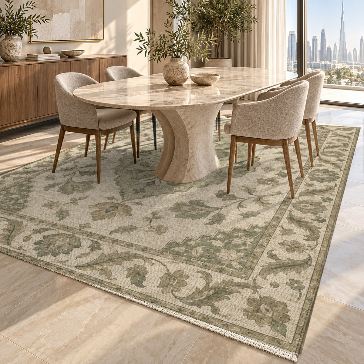 Amber Medallion Sage Cream Classic Washable Rug — dubai dining