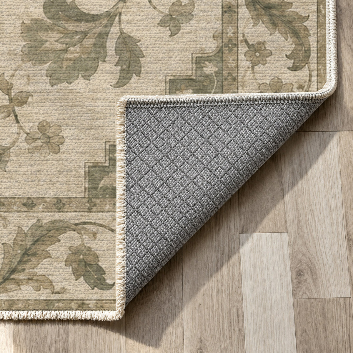 Amber Medallion Sage Cream Classic Washable Rug — backing close up