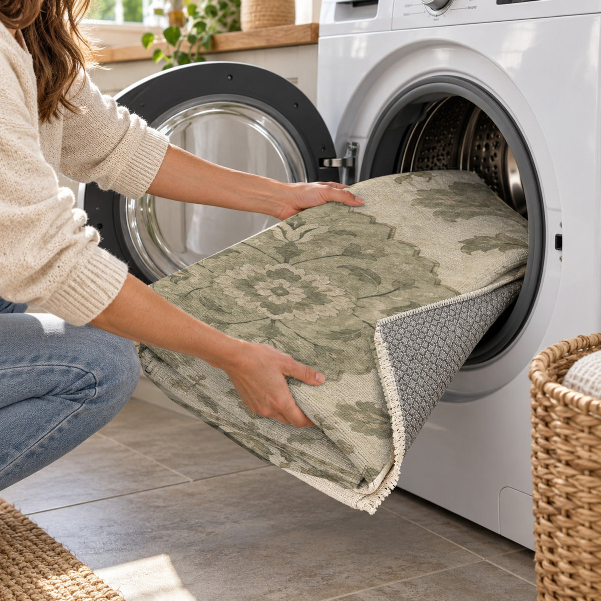 Amber Medallion Sage Cream Classic Washable Rug — washing machine