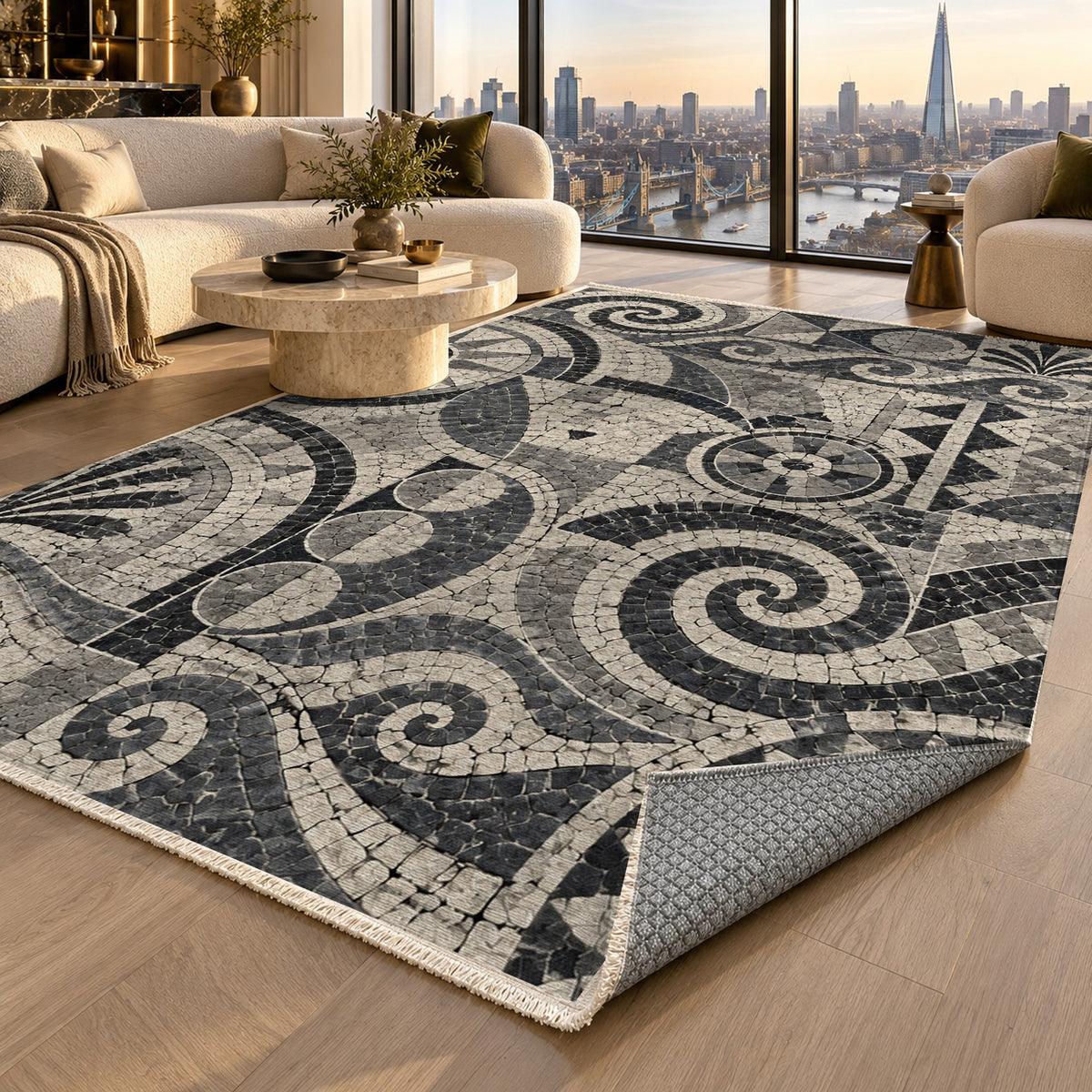 Ancient Mosaic Charcoal Geometric Washable Rug — london luxury living