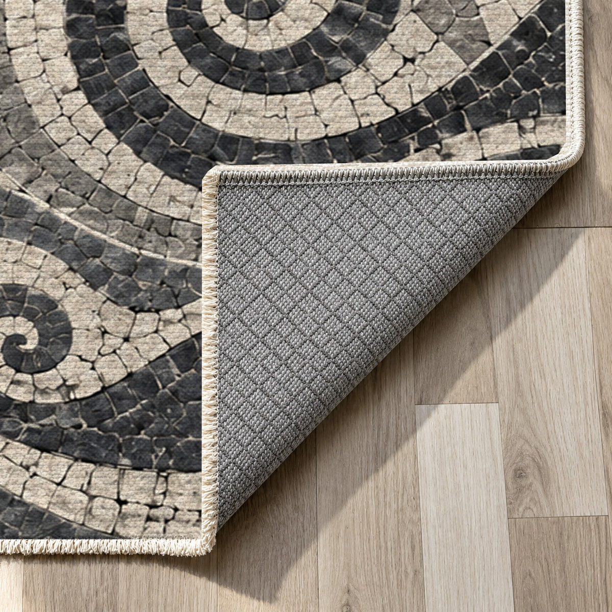 Ancient Mosaic Charcoal Geometric Washable Rug — backing close up