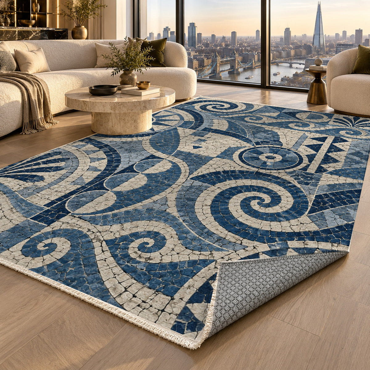 Ancient Mosaic Indigo Geometric Washable Rug — london luxury living