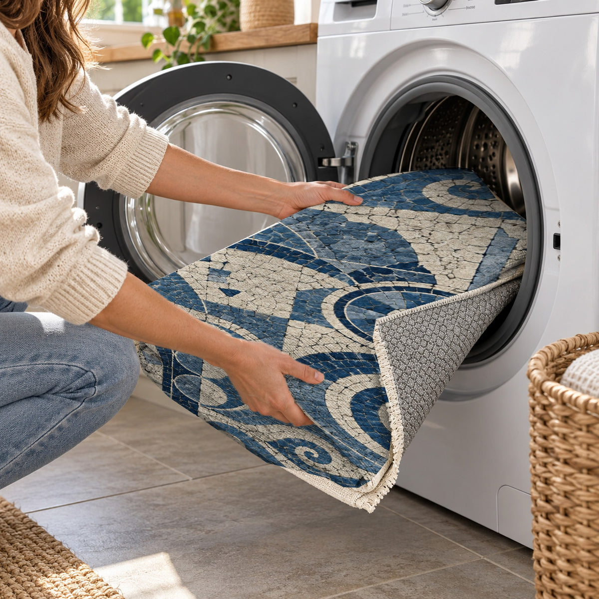 Ancient Mosaic Indigo Geometric Washable Rug — washing machine
