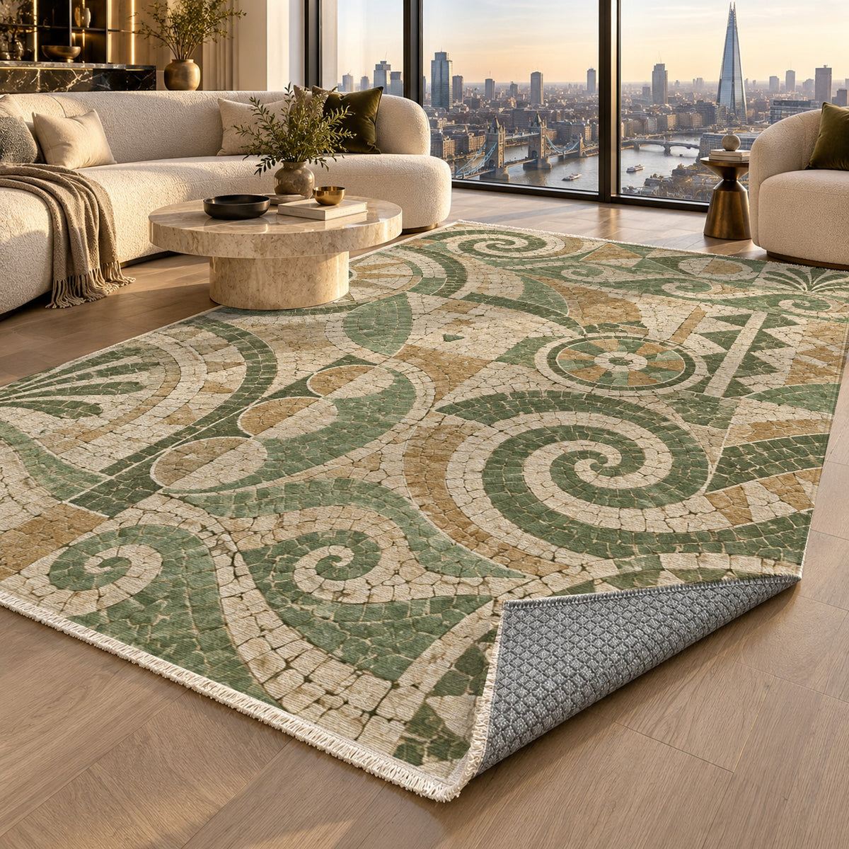 Ancient Mosaic Sage Geometric Washable Rug — london luxury living