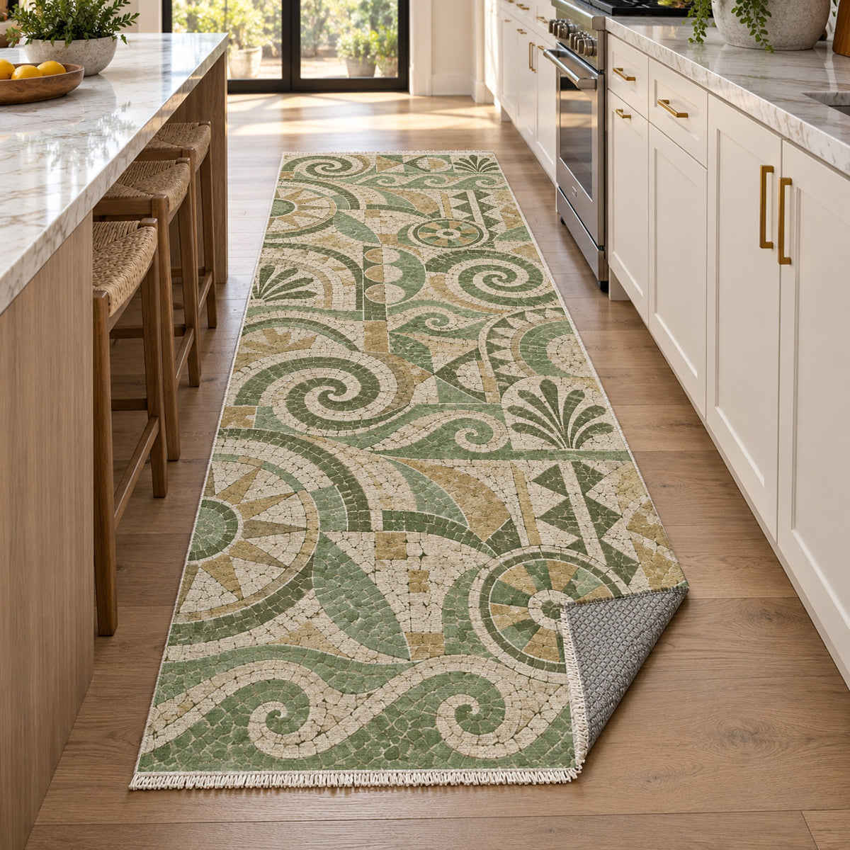 Ancient Mosaic Sage Geometric Washable Rug — new york kitchen runner