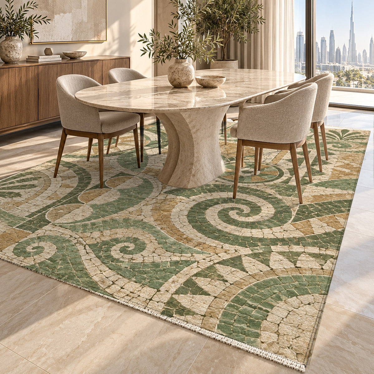Ancient Mosaic Sage Geometric Washable Rug — dubai dining
