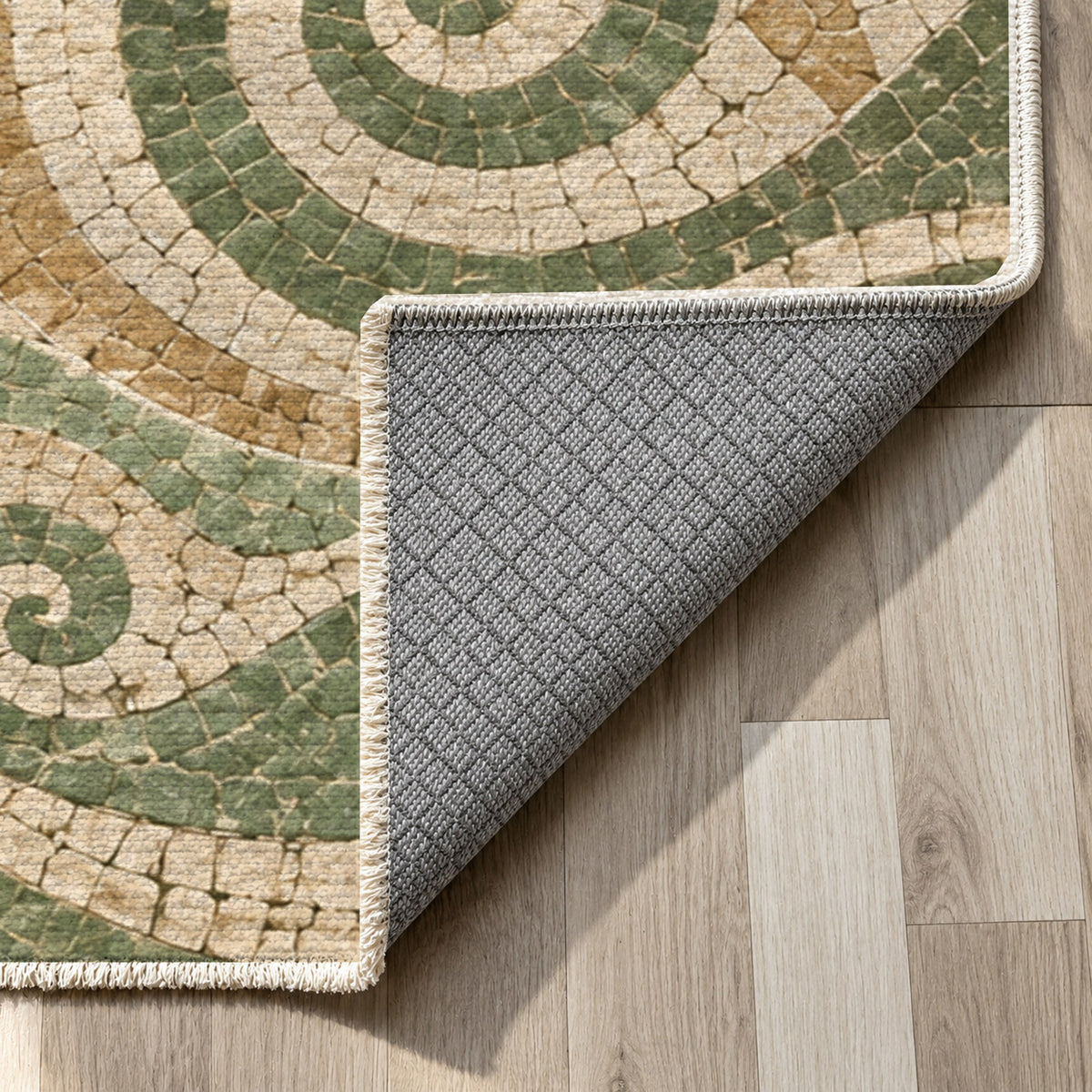 Ancient Mosaic Sage Geometric Washable Rug — backing close up