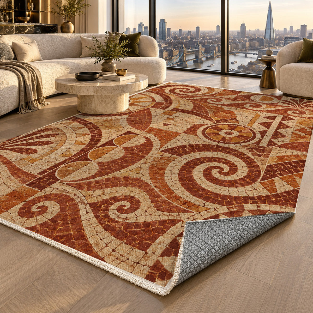 Ancient Mosaic Terracotta Geometric Washable Rug — london luxury living