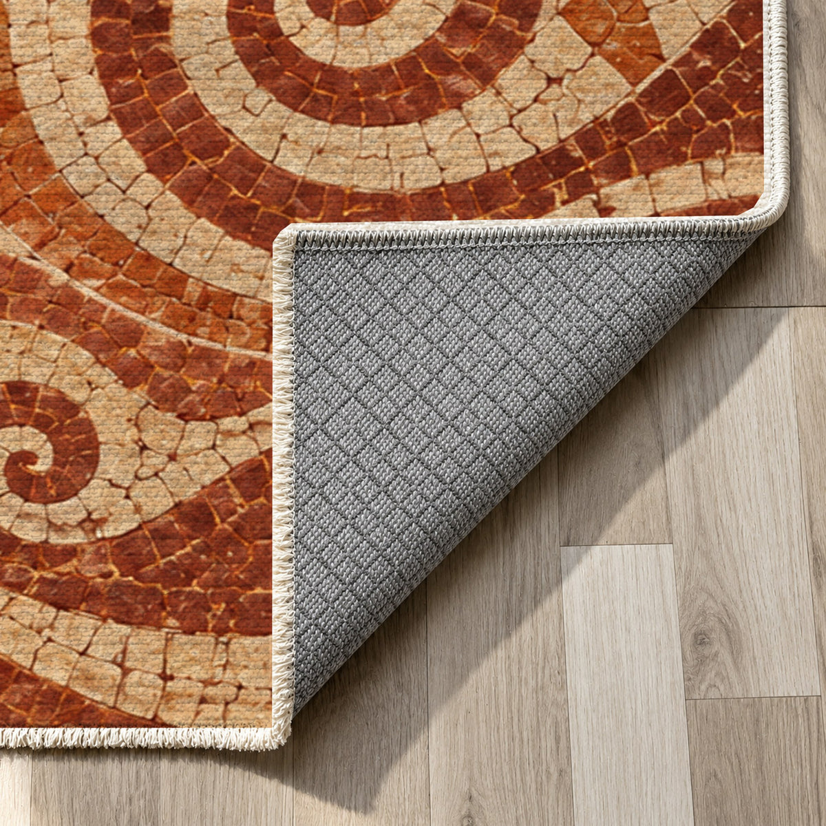 Ancient Mosaic Terracotta Geometric Washable Rug — backing close up