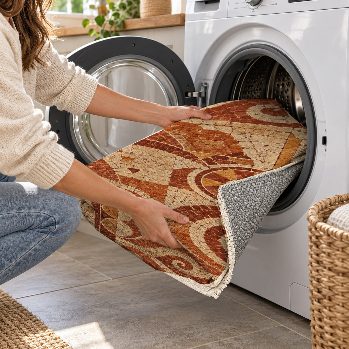 Ancient Mosaic Terracotta Geometric Washable Rug — washing machine