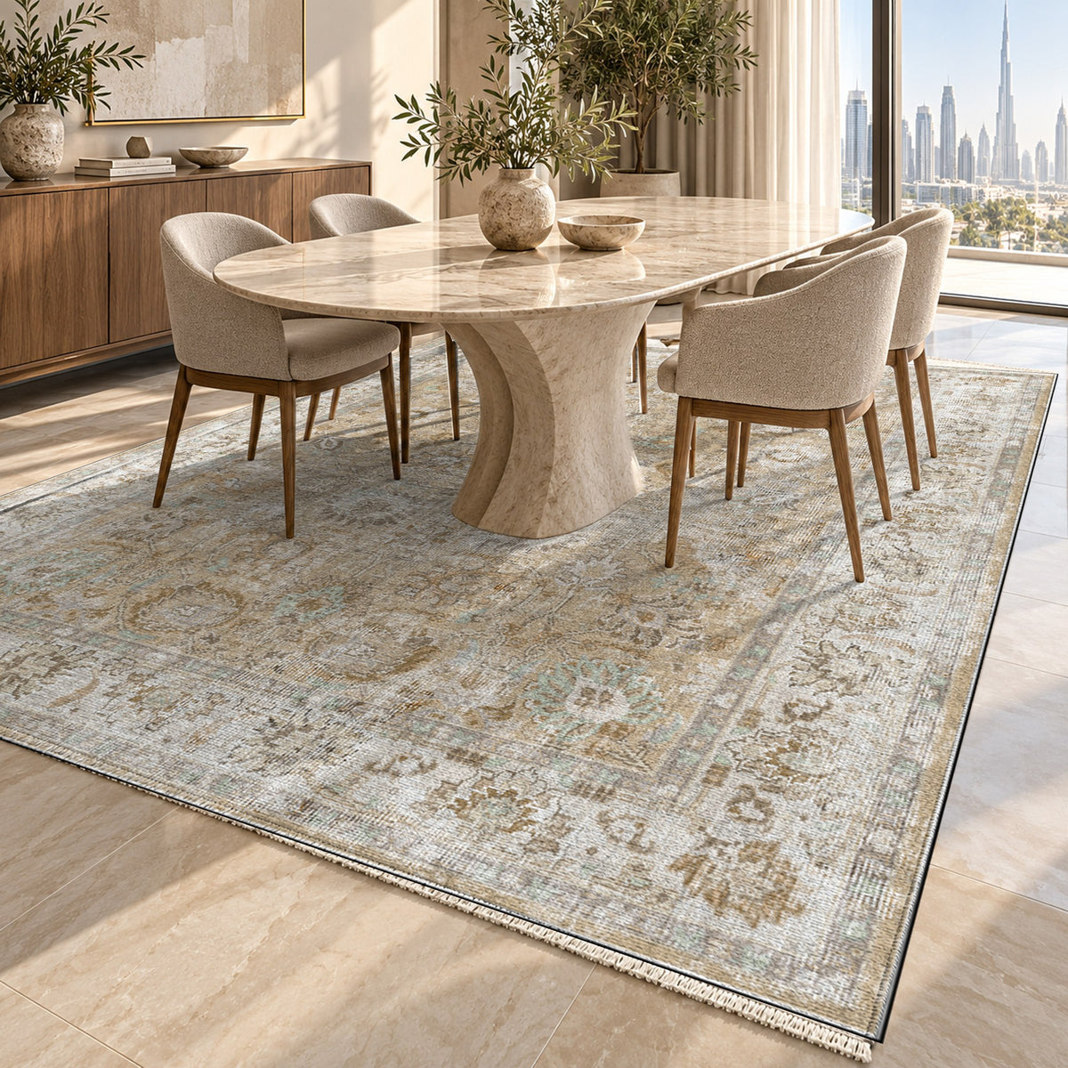 Antique Wash Beige Vintage Washable Rug — dubai dining
