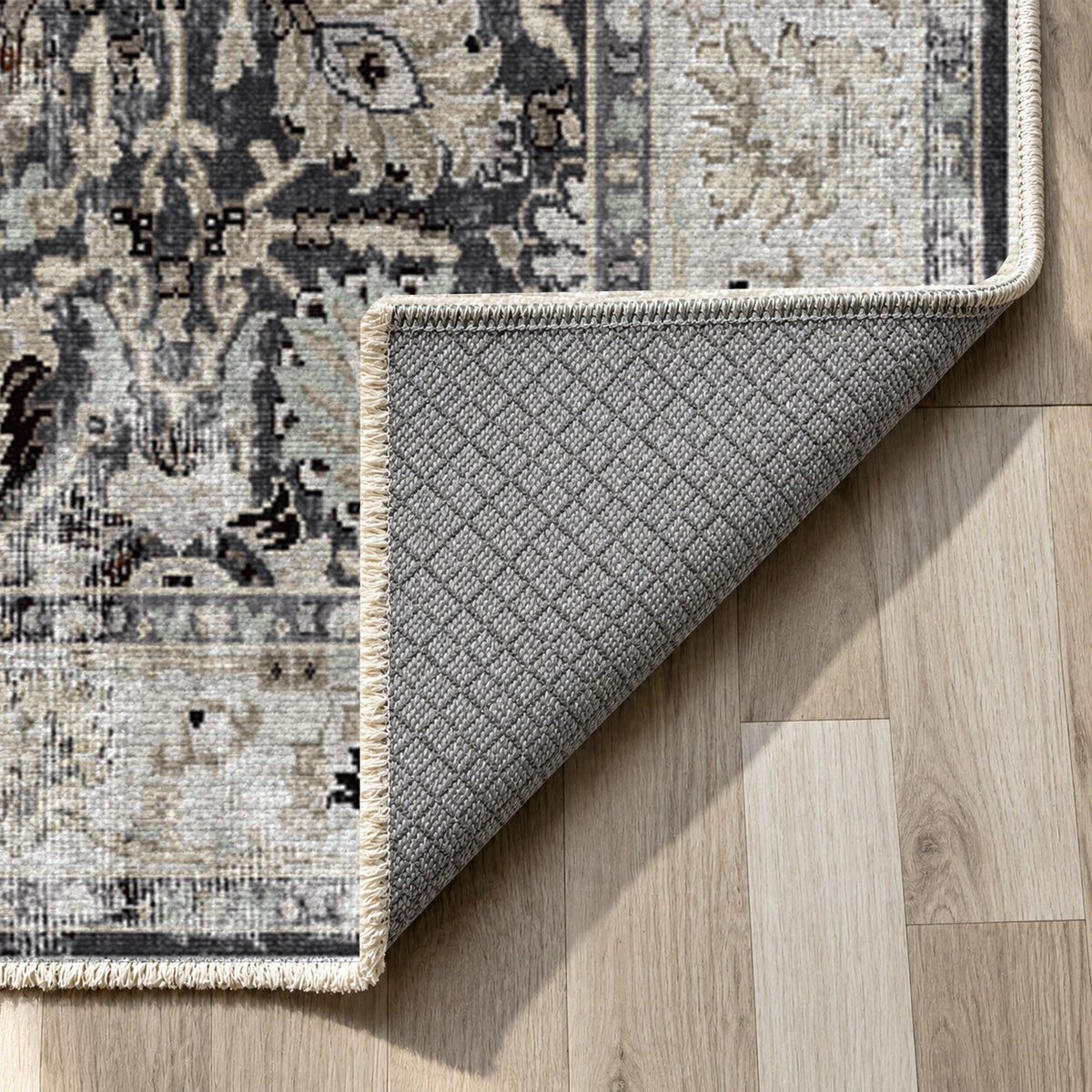 Antique Wash Black Vintage Washable Rug — backing close up