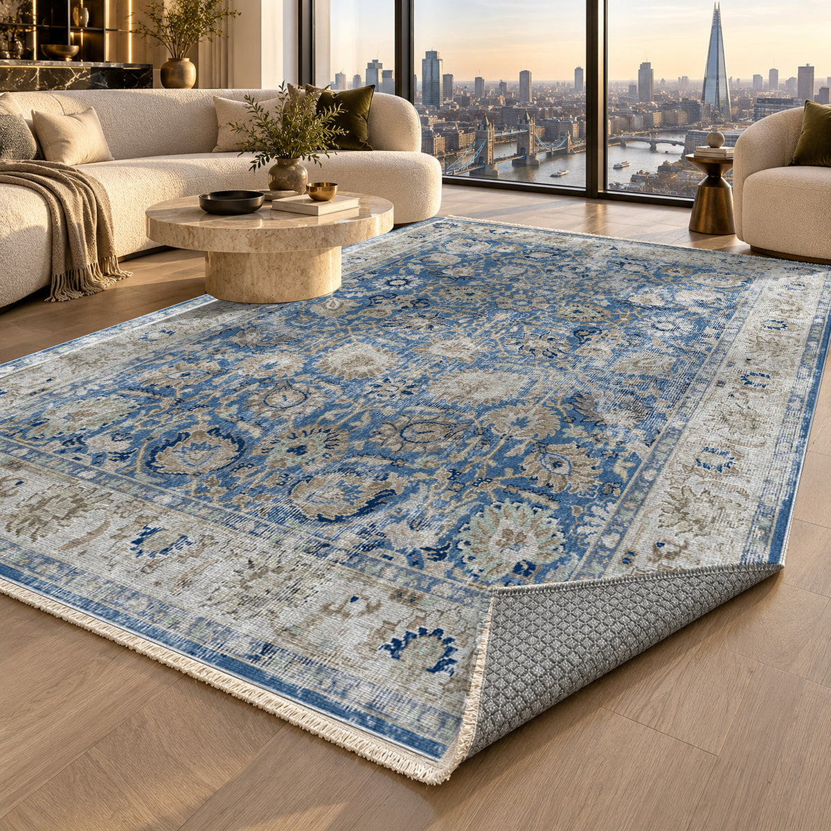 Antique Wash Blue Vintage Washable Rug — london luxury living
