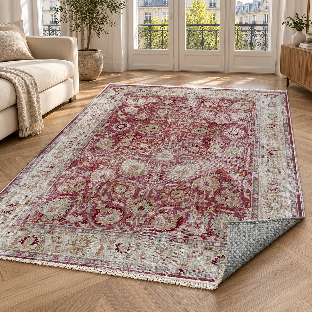Antique Wash Burgundy Red Vintage Washable Rug — paris living