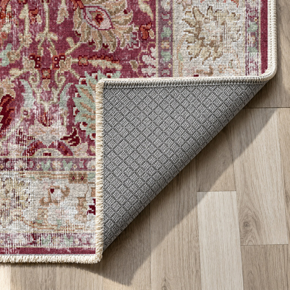 Antique Wash Burgundy Red Vintage Washable Rug — backing close up