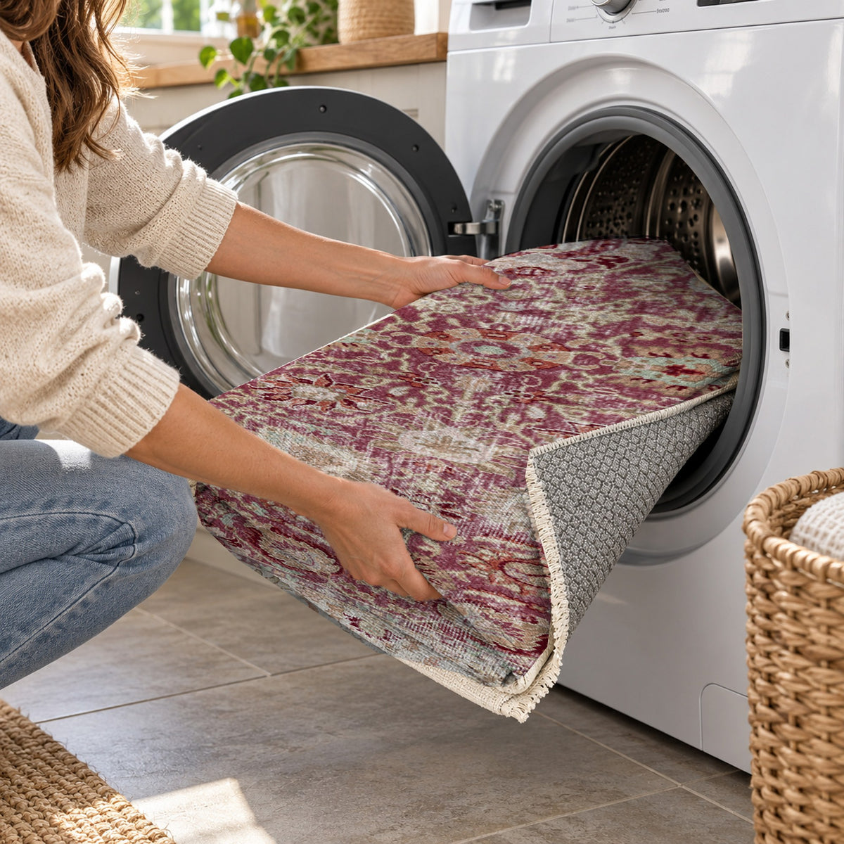 Antique Wash Burgundy Red Vintage Washable Rug — washing machine