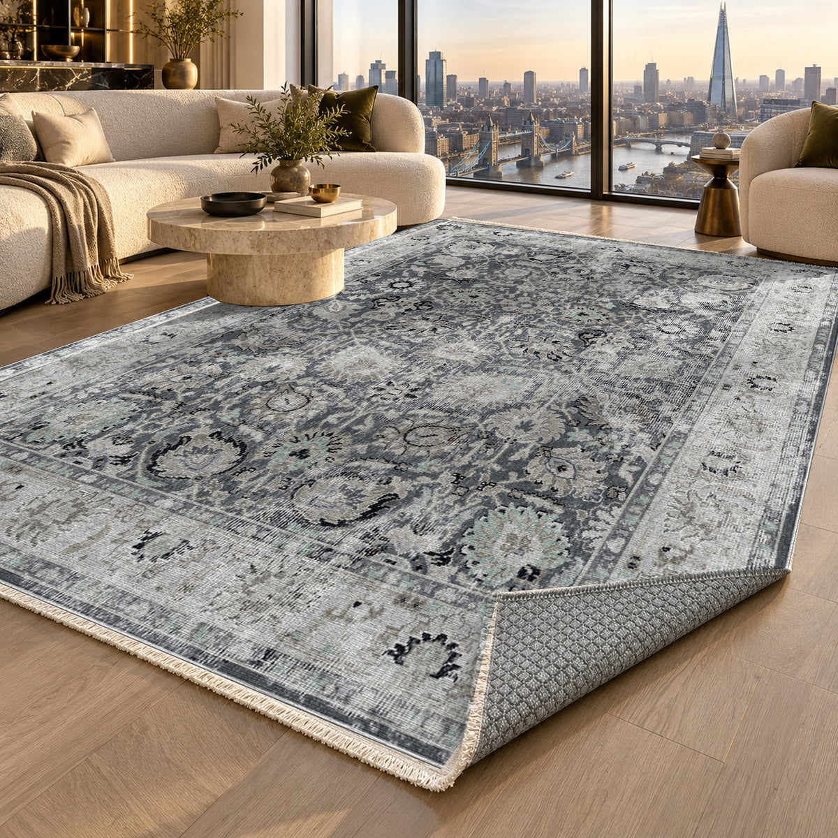 Antique Wash Charcoal Vintage Washable Rug — london luxury living