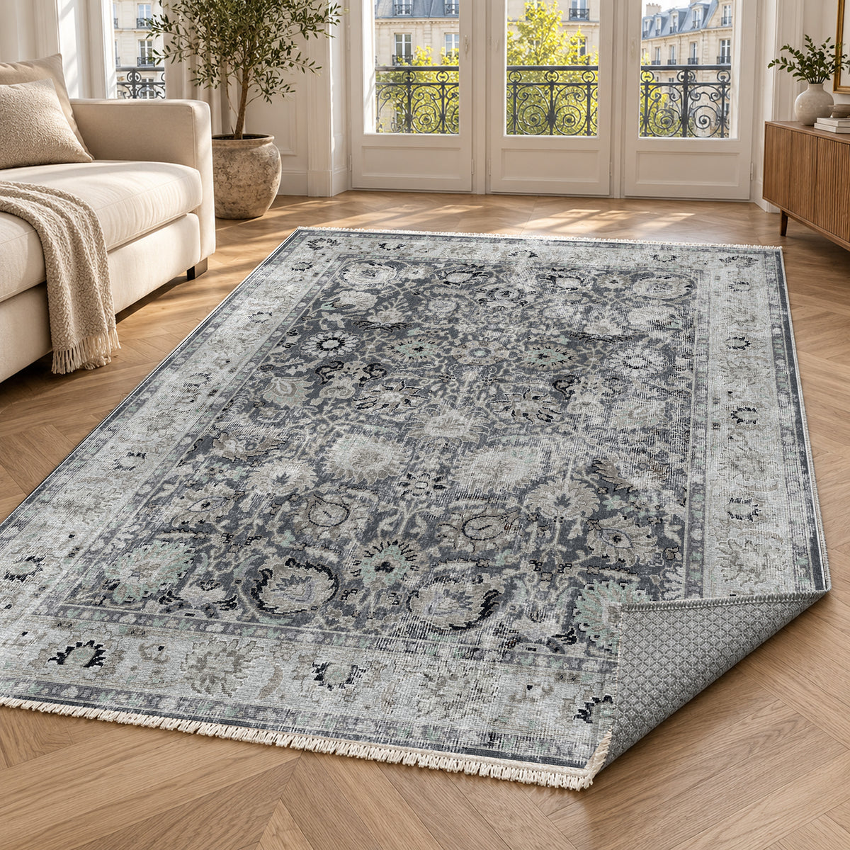 Antique Wash Charcoal Vintage Washable Rug — paris living