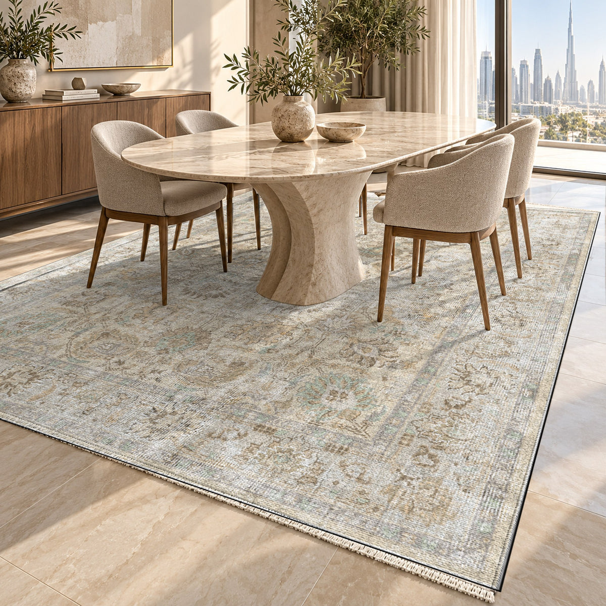 Antique Wash Cream Vintage Washable Rug — dubai dining