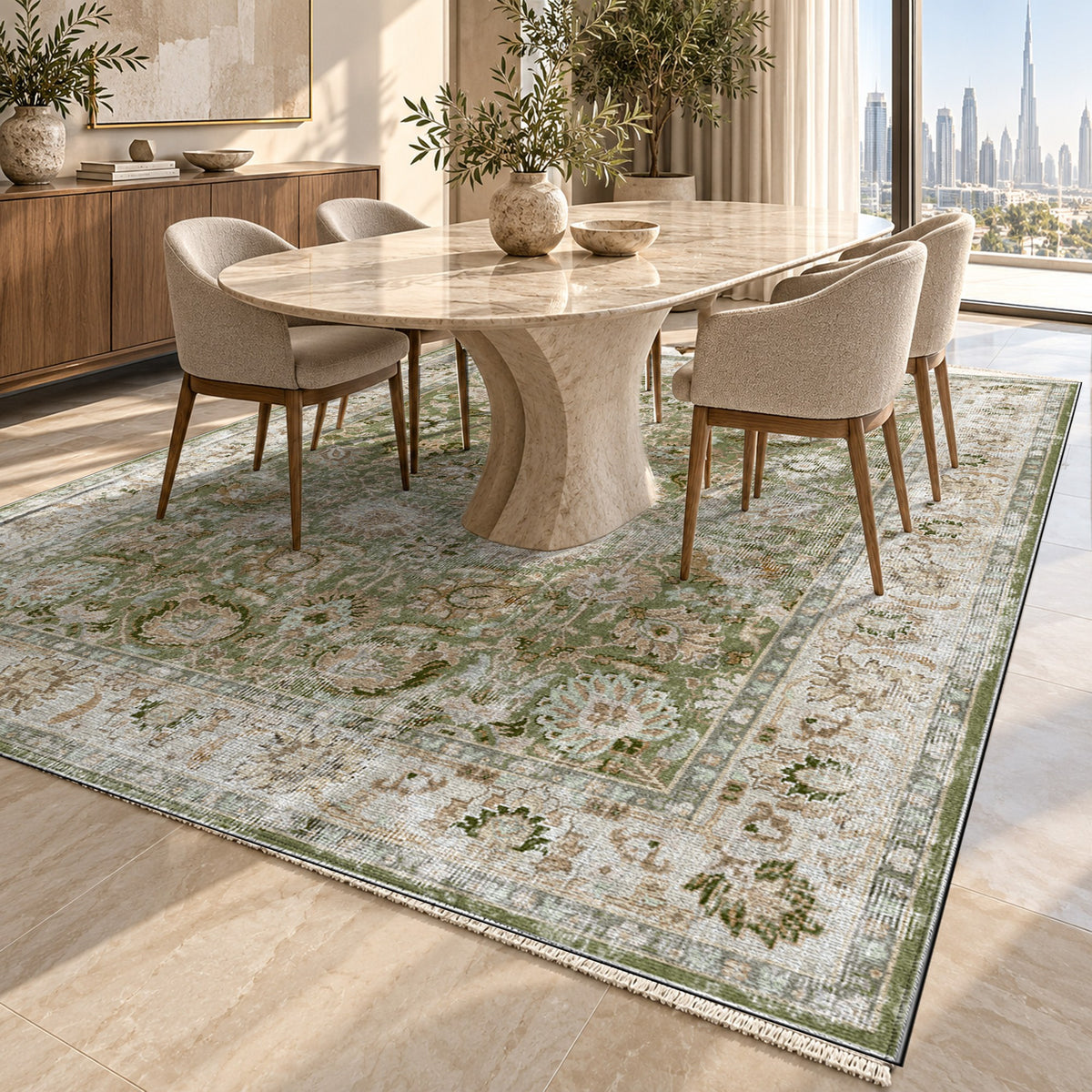 Antique Wash Olive Vintage Washable Rug — dubai dining