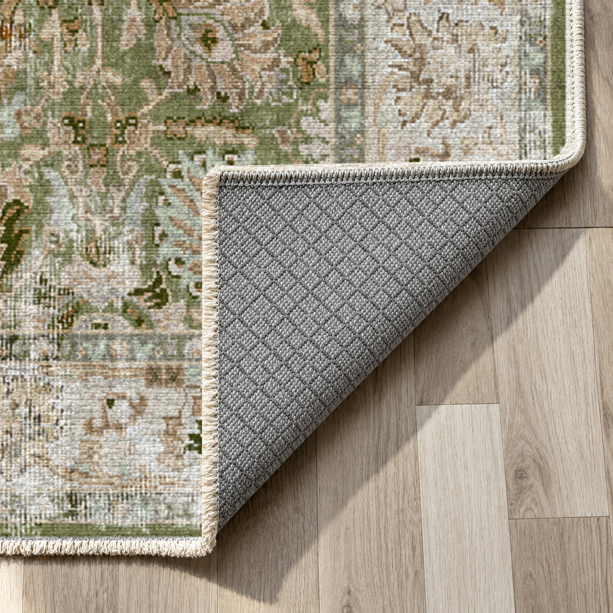 Antique Wash Olive Vintage Washable Rug — backing close up