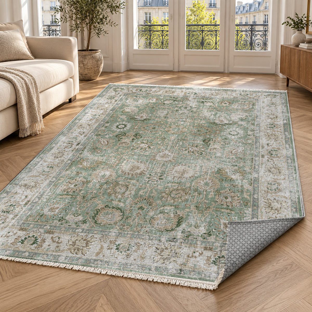 Antique Wash Sage Vintage Washable Rug — paris living
